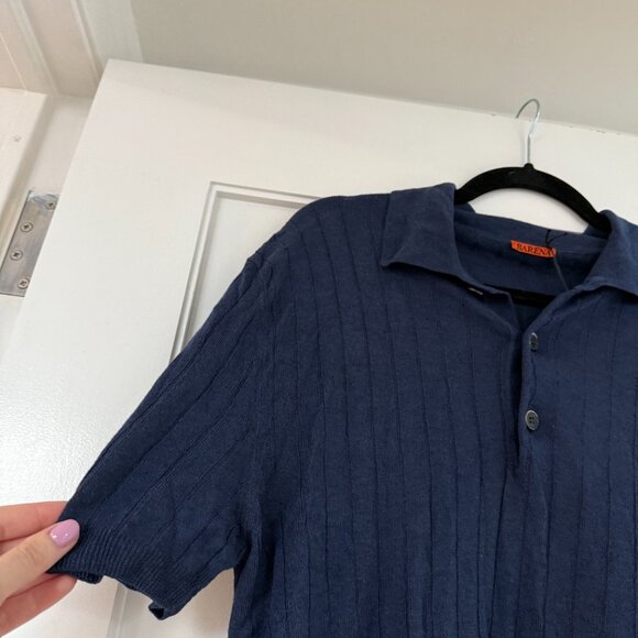 NWT Barena Marco Polo Shirt Ribbed Knit Short Sleeve Navy Linen Blend Sz XL - Picture 7 of 9